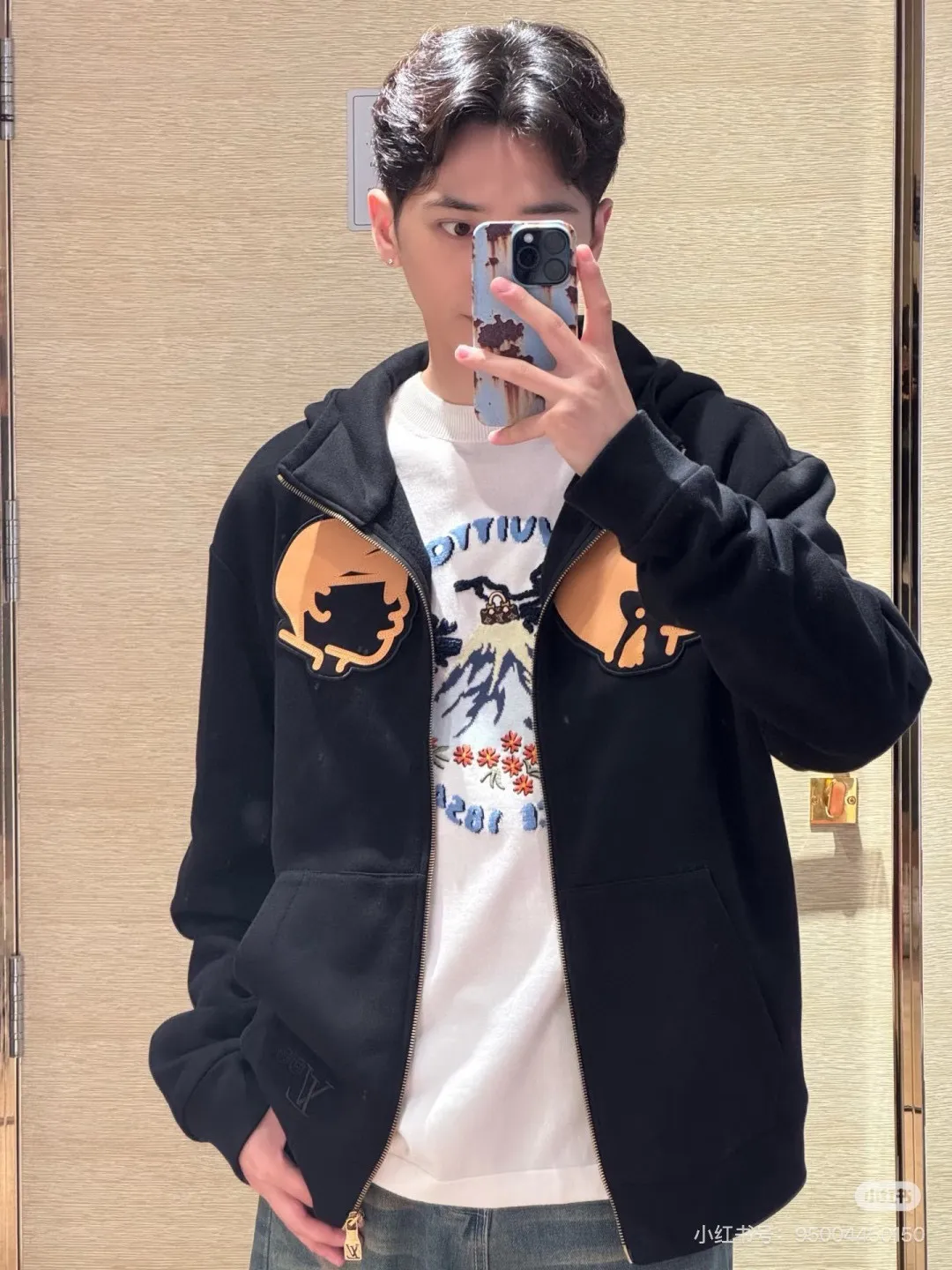 Louis Vuitton/Louis Vuitton 25Fw Nigo joint leather embroidered zipper jacket